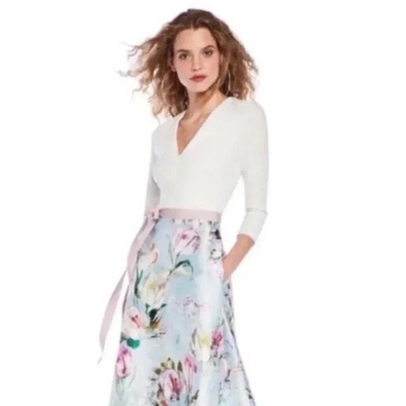 NWT Anthropologie Theia V Neck Crepe Bodice Maxi Dress Short Sleeve White Floral - Picture 15 of 16